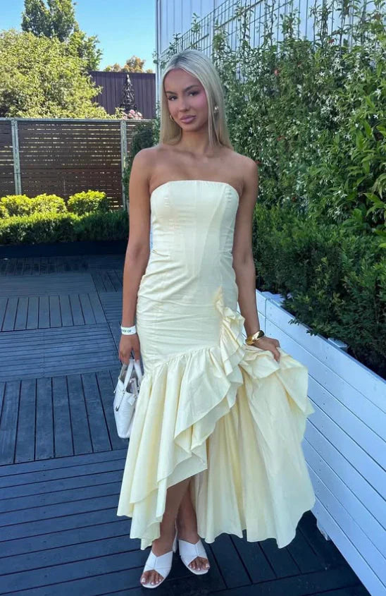Mermaid Strapless Ruffle Light Yellow Satin Long Prom Dress Evening Dress Charming Party Dress