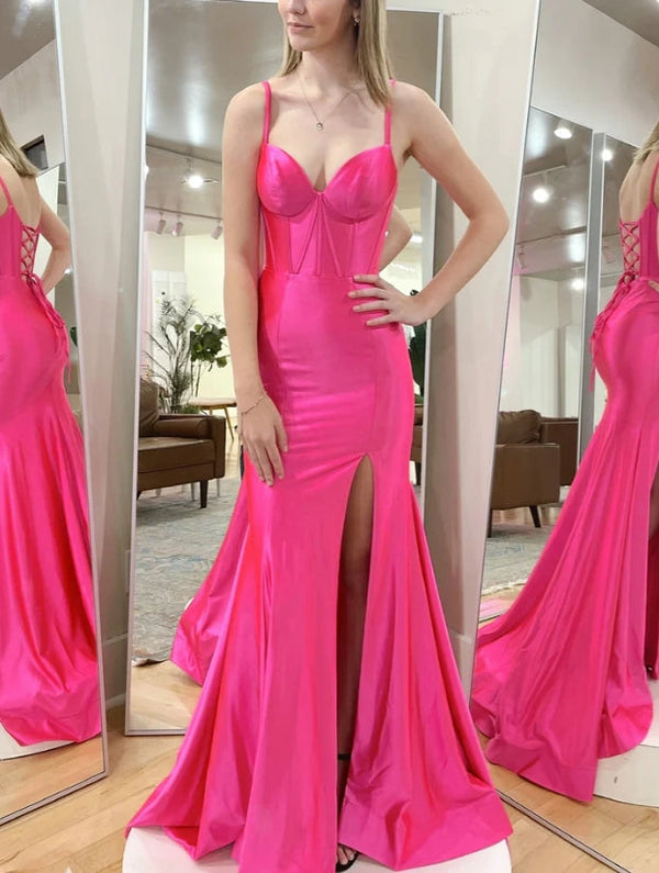 Hot Pink Spaghetti Straps Satin Long Prom Dress with Slit Elegant Evening Dress