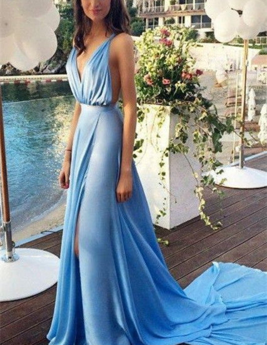 Sexy Chiffon Evening Dresses V-back A-line Prom Dresses With Slit Formal Dress