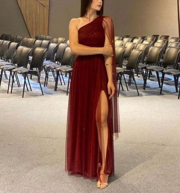 Rust Red One Shoulder A-Line Tulle Evening Gown Formal Long Party Dress With Slit