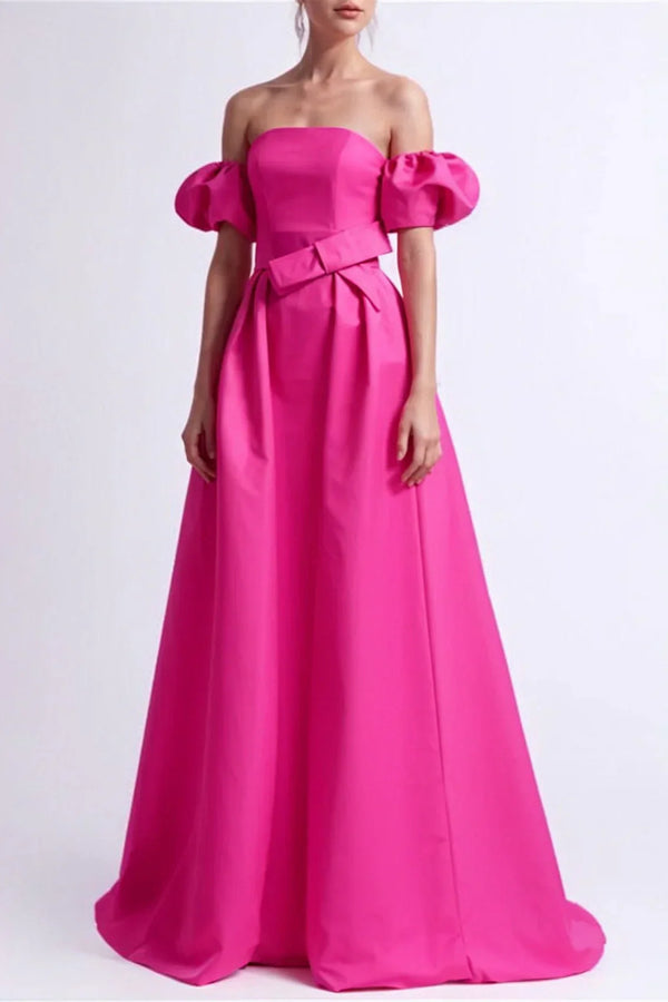 Fuchsia Off The Shoulder Prom Dress Floor Length A Line Evening Dress Elegant