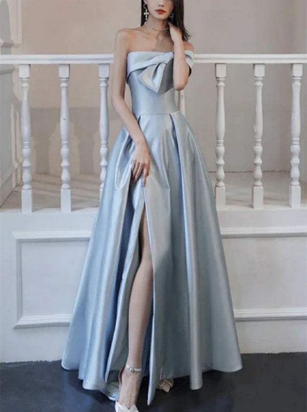 Blue Satin Long Prom Dress with Bow A-line Party Dress Off Shoulder Elegant Evening Dress With Slit