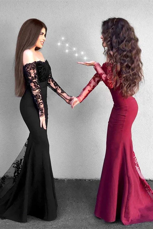 Long Sleeve Lace Mermaid Evening Dress Off Shoulder Floor Length Elegant Party Dress