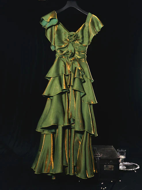 Green Ruffles A-Line Vintage Long Prom Dress Maxi Dress Party Dress Evening Dress