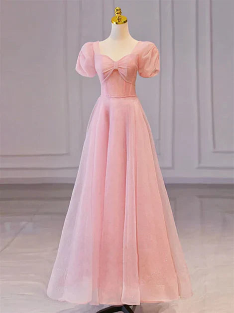 Pink Sweetheart Short Sleeves Long A-line Prom Dress Evening Gowns Elegant