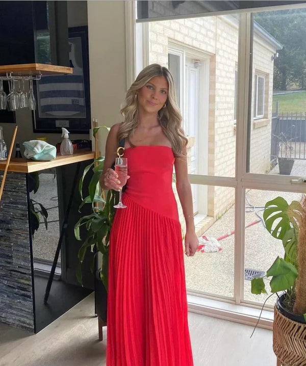 Red Strapless A-Line Pleated Simple Long Party Dress Off Shoulder Evening Dress