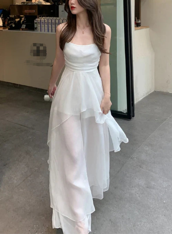 White Spaghetti Straps A-Line Long Prom Dress Charming Party Dress Evening Dress