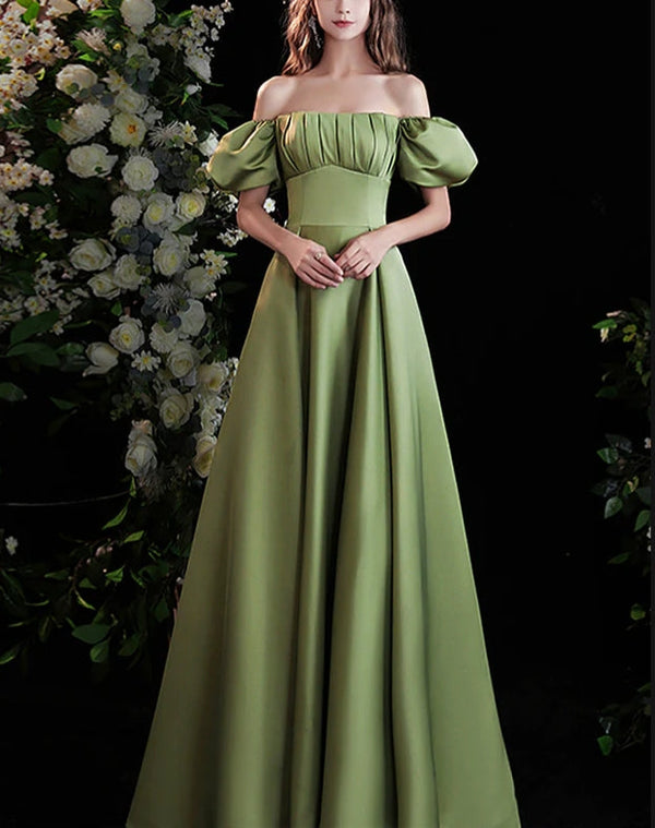 Green Satin Long Prom Dress with Short Sleeves Party Dress Prom Dress Elegant Evening Dress