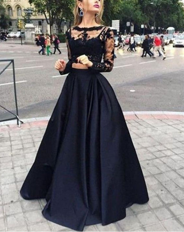 A-line Bateau Floor-Length Satin Black Two Piece Prom Dresses Evening Dress