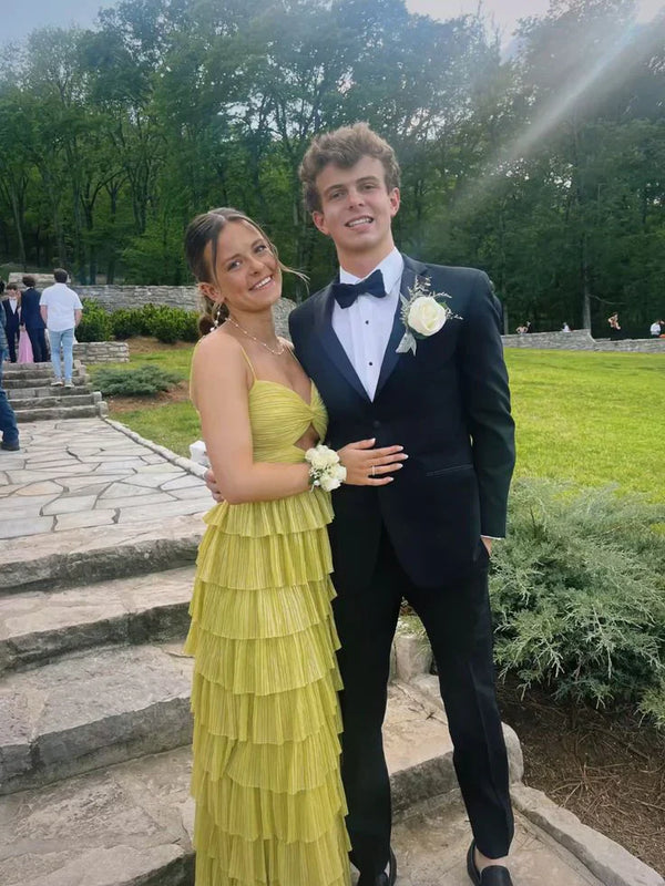 Yellow Spaghetti Straps A-Line Tiered Long Prom Dress Sexy Evening Dress Party Dress