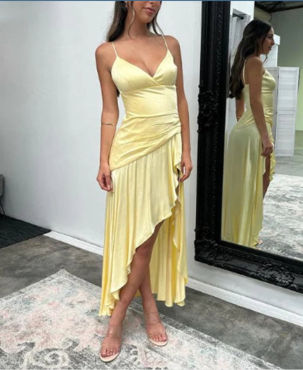 Yellow V Neck Spaghetti Straps Prom Dress Wedding Guest Dress Sexy Party Dress