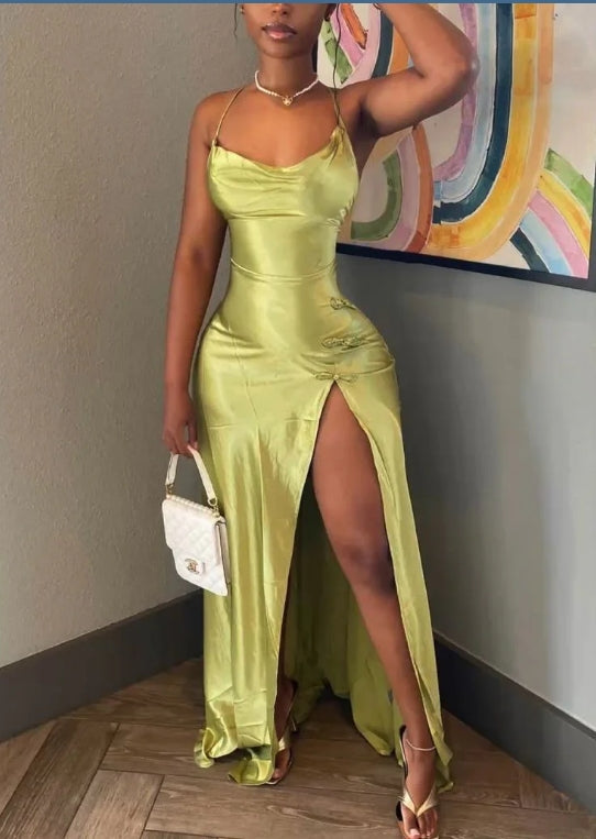 Green Satin Long Evening Party Dress with High Split Sexy Evening Dress Formal Dress