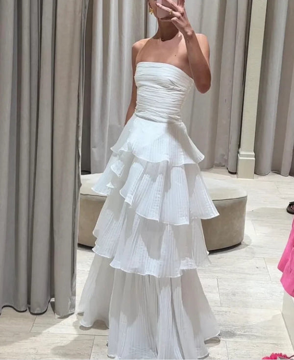 White Strapless A-Line Layers Long Prom Dress Light Wedding Dress Off Shoulder Charming Evening Dress