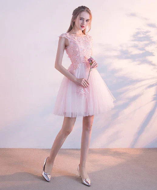 Pink Tulle with Lace and Flowers Short Prom Dresses Homecoming Dress Beautiful