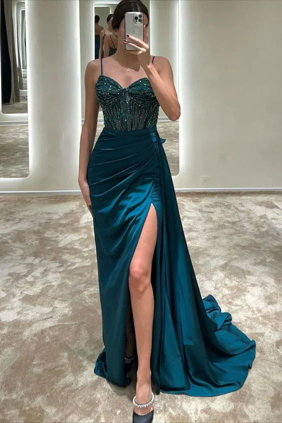 Gorgeous Straps Beading Sheath Long Formal Party Dress Charming Evening Dress With Slit
