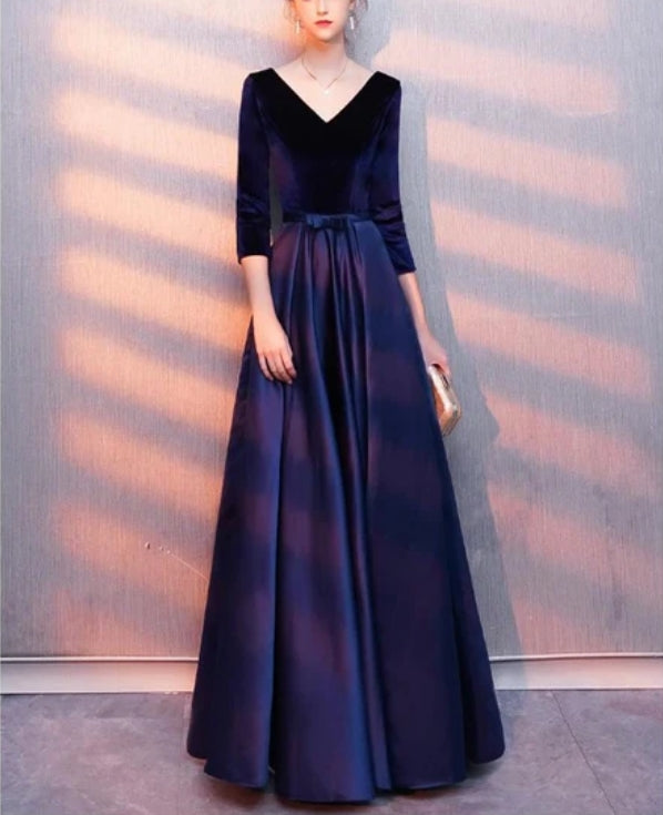 Navy Blue V-neckline Satin and Velvet Bridesmaid Dress Wedding Party Dress Evening Dress Formal Dress