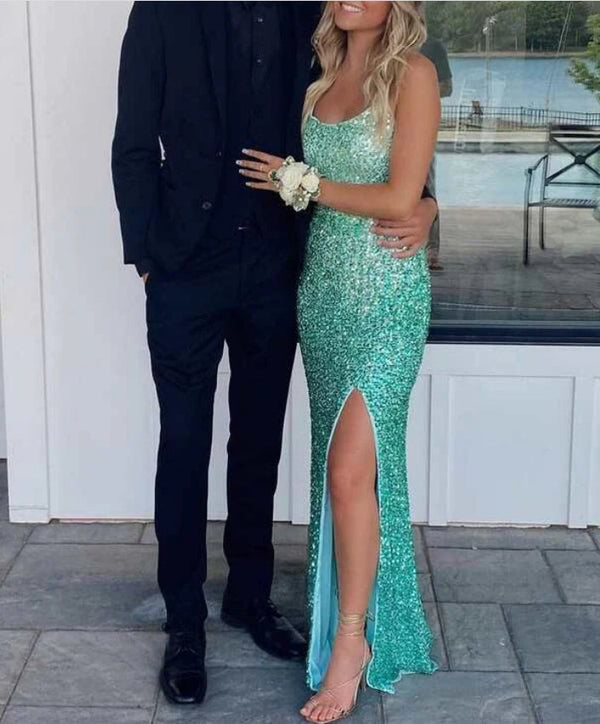 Green Sequins Mermaid Long Party Dress with Slit Sparkly Evening Dress Party Dress