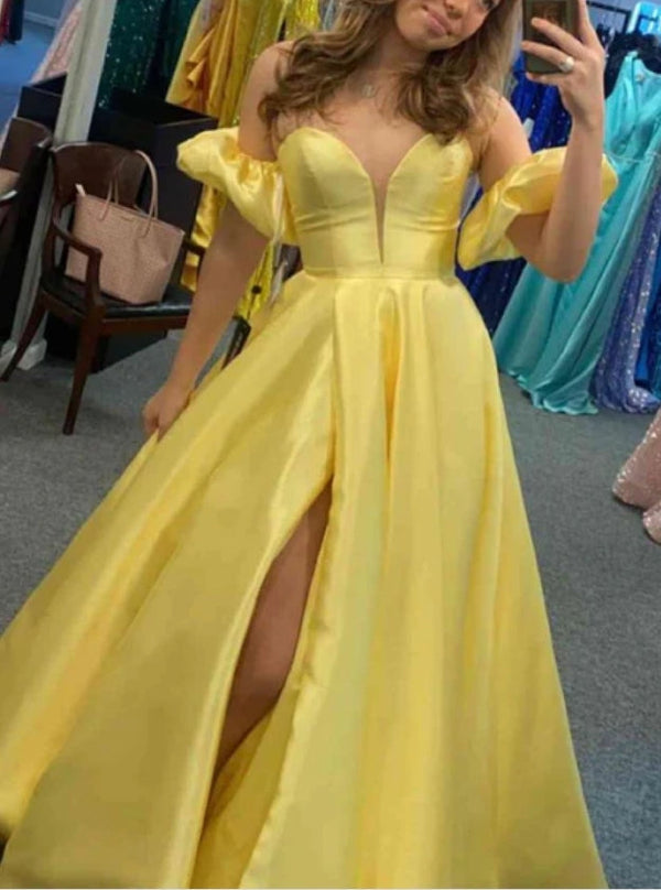 Yellow Sweetheart A-Line Satin Long Prom Dress with Slit Sexy Evening Dress