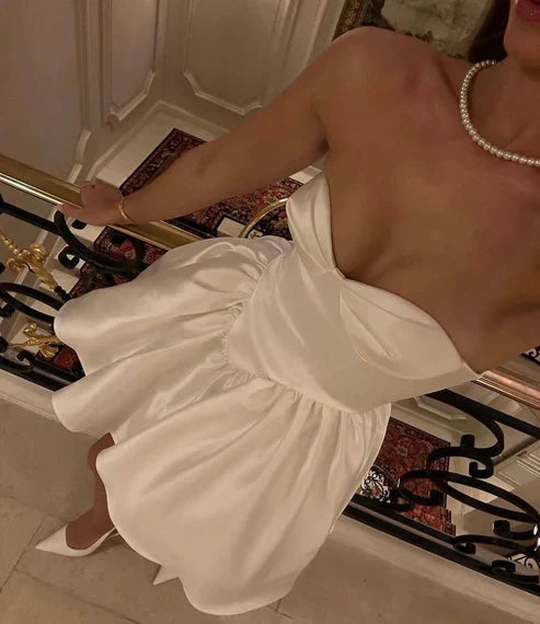 Cute Strapless A-Line White Satin Homecoming Dress Off Shoulder Party Dress Sexy