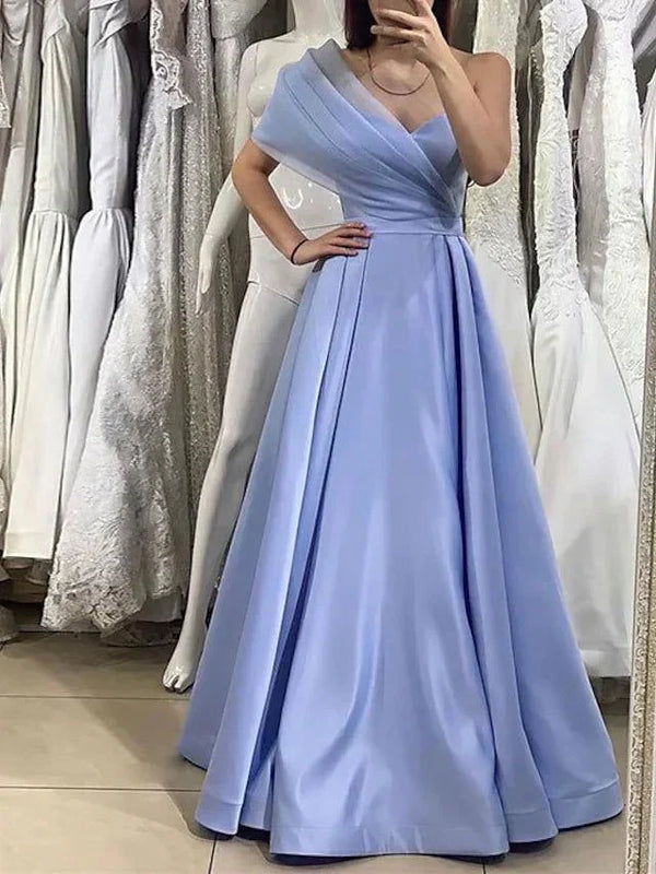 Lavender One Shoulder A-Line Satin Long Prom Dress Elegant Evening Dress