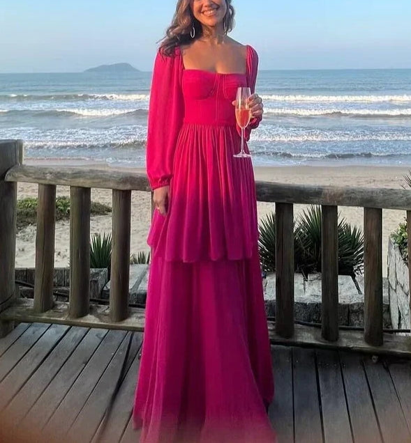 Long Sleeves A-Line Rose Red Formal Party Dress Elegant Evening Dress Formal Dress