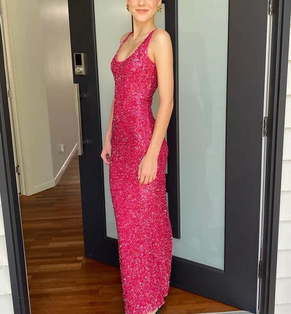 Fuchsia Spaghetti Straps Sequins Mermaid Long Party Dress Sparkly Evening Dress
