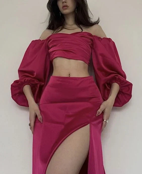 Fuchsia 2 Pieces Satin Long Party Dress Birthday Outfits Off Shoulder Evening Dress