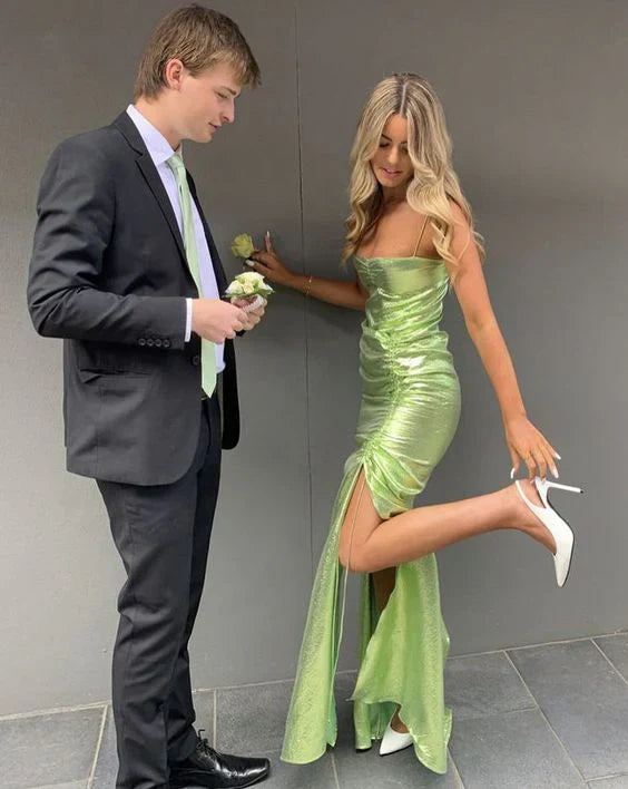 Green Spaghetti Straps Long Prom Dress with Slit Sexy Party Dress Evening Dress