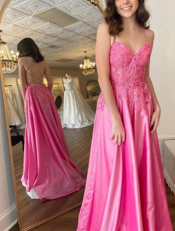 Hot Pink Floral Appliques Lace-Up A-Line Prom Gown Elegant Evening Dress Charming