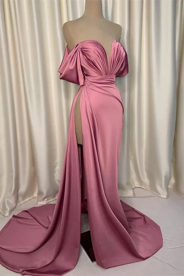 Elegant Pink Evening Dress Charmeuse V Neck With Pleated Slit Off Shoulder Sexy