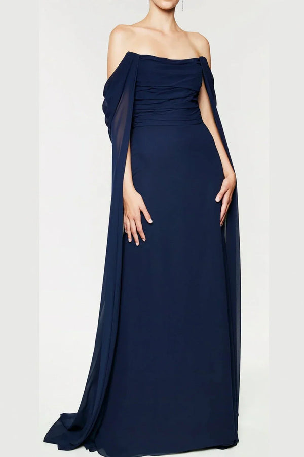 Navy Evening Dress Sheath/Column Strapless Mother Of The Bride Dress With Watteau Train Solid Color