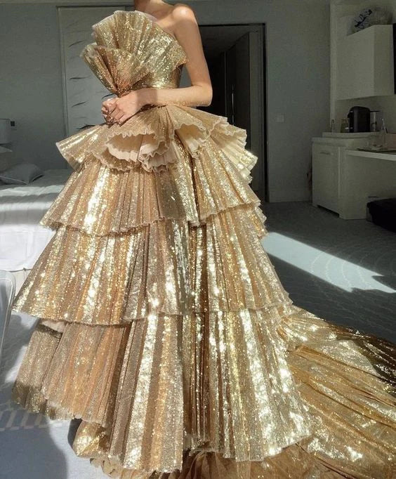 Stylish Golden Tiered Ball Gown Long Evening Party Dress Off Shoulder Prom Dresses Charming