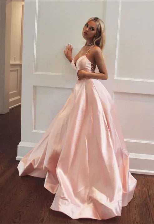Pretty A Line Spaghetti Straps Backless Pink Satin Prom Dress Formal Evening Dress Charming