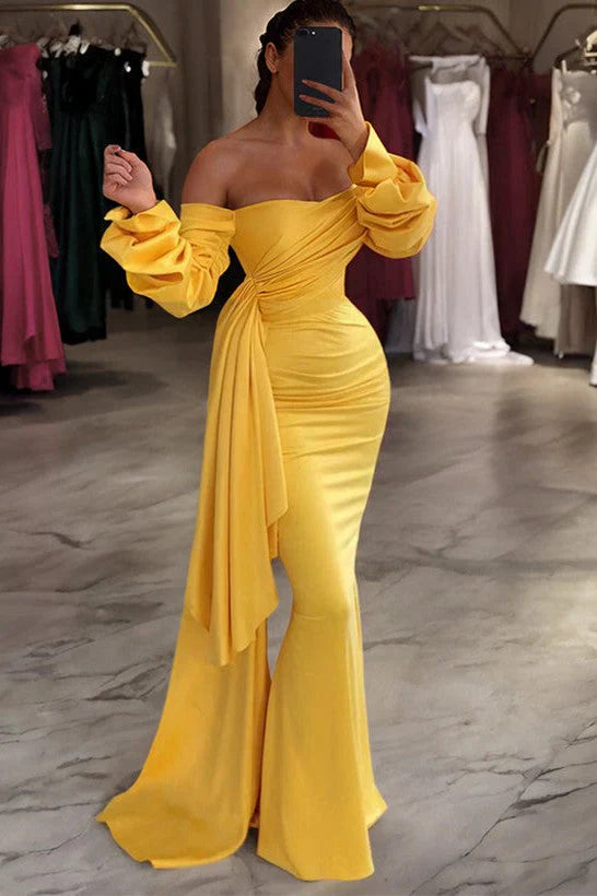 Sheath/Column Prom Dress Off The Shoulder Evening Dress With Panel Train Elegant