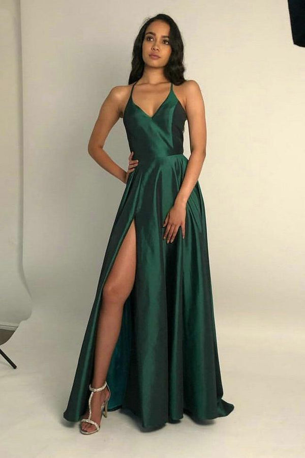 SSR0089,Discount Green long prom dress satin a line floor length party evening gown