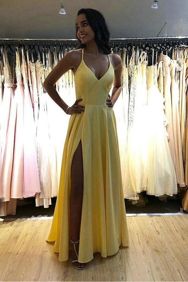 SSR0090,Yellow a line spaghetti straps long prom dress