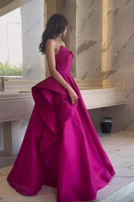Fuchsia A-Line Strapless Long Prom Dress Evening Party Dress Off Shoulder Elegant