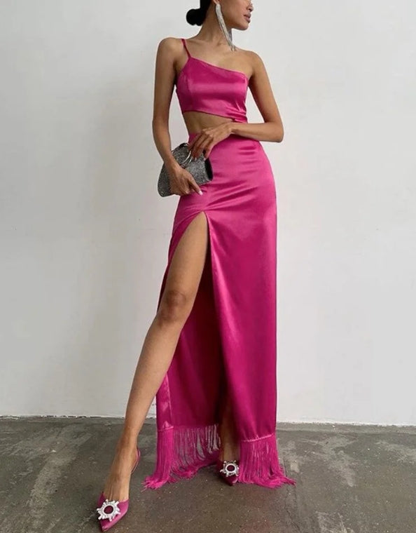 Fuchsia One Shoulder Cut Out Long Prom Dress Evening Party Dress With Slit
