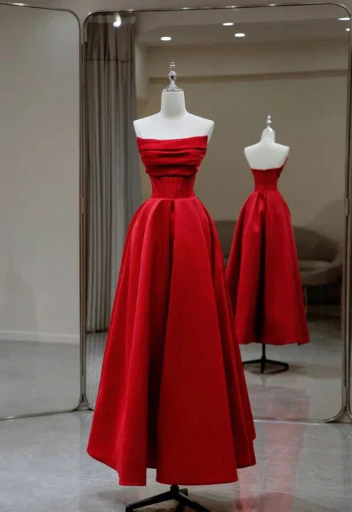 Charming Red Strapless A-Line Long Prom Gown Occasion Dress Off Shoulder Evening Dress
