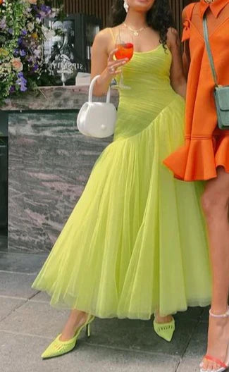 Green Spaghetti Straps A-Line Tulle Long Party Dress Fashion Evening Dress