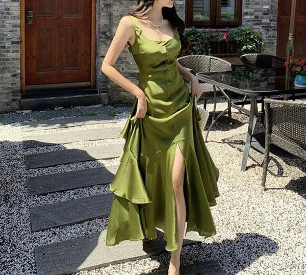 Green Backless Ruffles A-Line Long Prom Dress Charming Party Dress Formal Dress