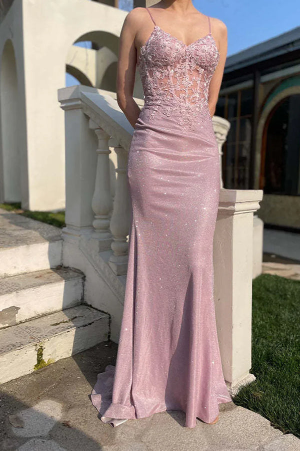 Pink Mermaid Corset Lace Appliques Spaghetti Straps Long Prom Dress Elegant Evening Dress