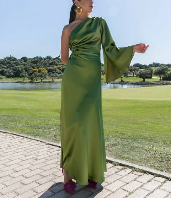 Green One Shoulder Long Prom Dress Formal Evening Dress Charming Party Dress