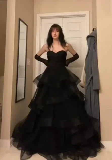 Black Strapless A-Line Tulle Layered Long Party Dress Evening Gown Prom Dress No With Gloves