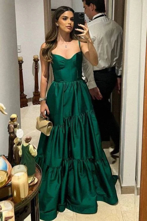 Spaghetti Straps A-Line Green Long Satin Dress Evening Gown Party Dress Formal Dress