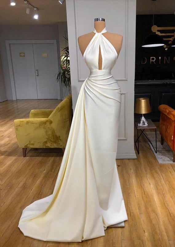 Ivory Halter Long Prom Dress With Split Detachable Train Sexy Evening Dress Party Dress Solid Color