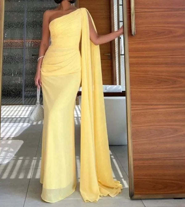 Yellow One Shoulder Tulle Long Prom Dress Formal Party Dress Elegant Evening Dress