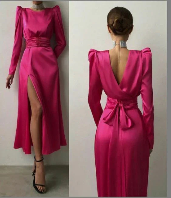Fuchsia Long Sleeves Midi Length Party Dress Elegant Evening Dress Formal Dress With Slit