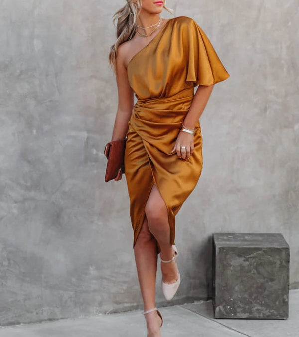 One Shoulder Split Midi Length Wedding Guest Dress Party Dress Cocktail Dress