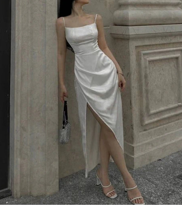 White Spaghetti Straps Prom Dress Wedding Guest Dress with Slit Elegant Party Dress